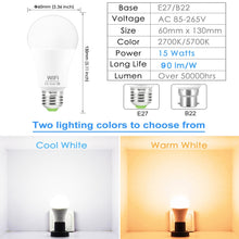 Load image into Gallery viewer, 15W B22 E27 WiFi Smart Light Bulb with dimmable effects, works with Alexa Google Assistant Control Wake up Smart Lamp Night Light