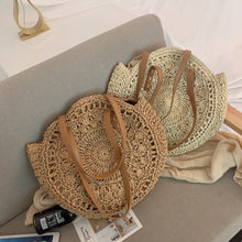 Load image into Gallery viewer, Round Straw Beach Bag Vintage Handmade Woven Shoulder Bag Raffia circle Rattan bags Bohemian Summer Vacation Casual Bags