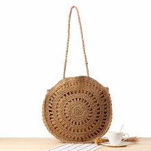 Load image into Gallery viewer, Round Straw Beach Bag Vintage Handmade Woven Shoulder Bag Raffia circle Rattan bags Bohemian Summer Vacation Casual Bags