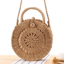 Load image into Gallery viewer, Round Straw Beach Bag Vintage Handmade Woven Shoulder Bag Raffia circle Rattan bags Bohemian Summer Vacation Casual Bags
