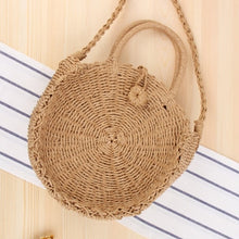 Load image into Gallery viewer, Round Straw Beach Bag Vintage Handmade Woven Shoulder Bag Raffia circle Rattan bags Bohemian Summer Vacation Casual Bags