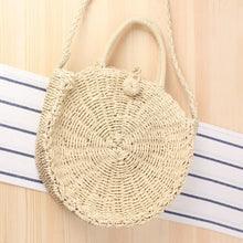 Load image into Gallery viewer, Round Straw Beach Bag Vintage Handmade Woven Shoulder Bag Raffia circle Rattan bags Bohemian Summer Vacation Casual Bags
