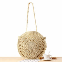 Load image into Gallery viewer, Round Straw Beach Bag Vintage Handmade Woven Shoulder Bag Raffia circle Rattan bags Bohemian Summer Vacation Casual Bags