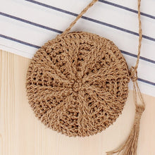 Load image into Gallery viewer, Round Straw Beach Bag Vintage Handmade Woven Shoulder Bag Raffia circle Rattan bags Bohemian Summer Vacation Casual Bags