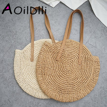 Load image into Gallery viewer, Round Straw Beach Bag Vintage Handmade Woven Shoulder Bag Raffia circle Rattan bags Bohemian Summer Vacation Casual Bags