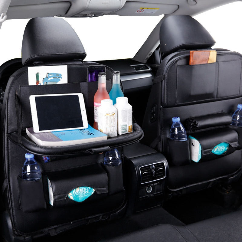 Car Seat Back Organizer Plus Leather Pad Bag. Car Storage Organizer and Foldable Table/Tray Travel Storage Bag Auto Accessories