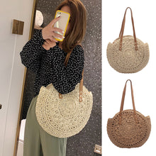 Load image into Gallery viewer, Round Straw Beach Bag Vintage Handmade Woven Shoulder Bag Raffia circle Rattan bags Bohemian Summer Vacation Casual Bags
