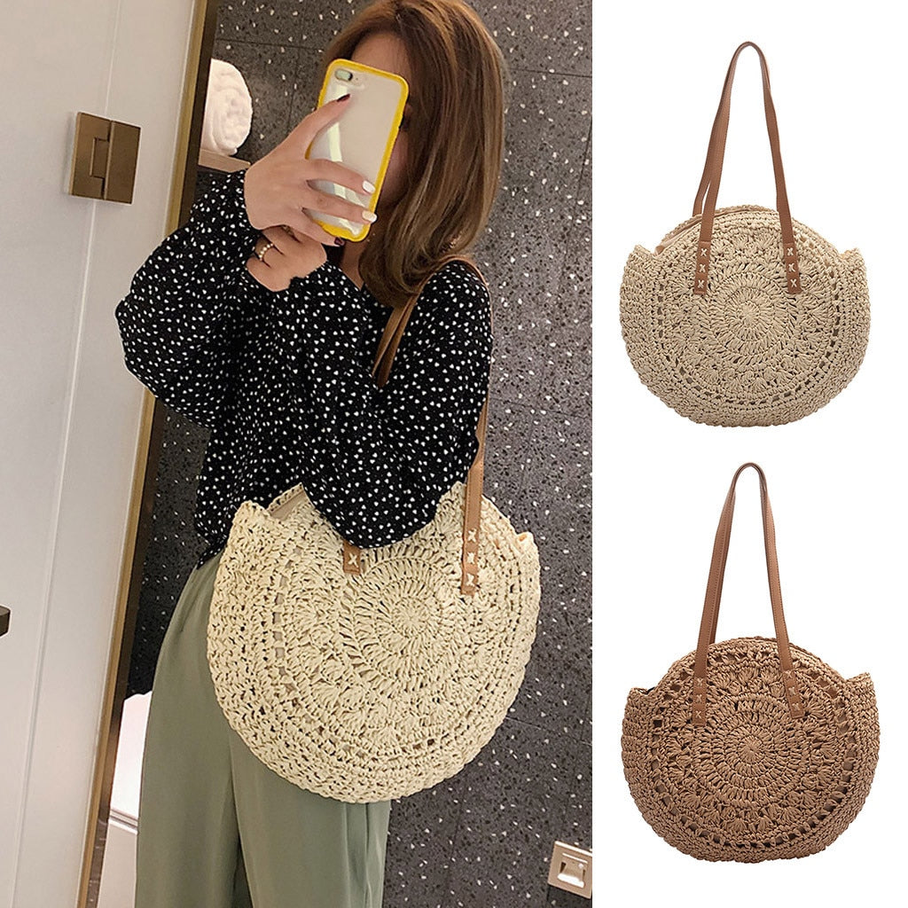Round Straw Beach Bag Vintage Handmade Woven Shoulder Bag Raffia circle Rattan bags Bohemian Summer Vacation Casual Bags