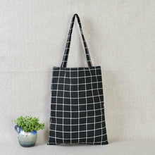 Load image into Gallery viewer, New Fashion/shopping Women Cotton Linen Eco Reusable Shopping Tote Bag Plaid Shoulder Bag Black White
