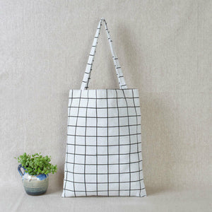 New Fashion/shopping Women Cotton Linen Eco Reusable Shopping Tote Bag Plaid Shoulder Bag Black White