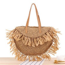 Load image into Gallery viewer, Round Straw Beach Bag Vintage Handmade Woven Shoulder Bag Raffia circle Rattan bags Bohemian Summer Vacation Casual Bags
