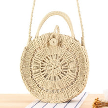Load image into Gallery viewer, Round Straw Beach Bag Vintage Handmade Woven Shoulder Bag Raffia circle Rattan bags Bohemian Summer Vacation Casual Bags
