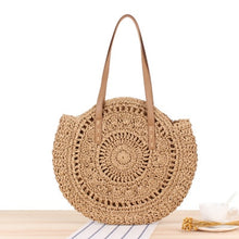 Load image into Gallery viewer, Round Straw Beach Bag Vintage Handmade Woven Shoulder Bag Raffia circle Rattan bags Bohemian Summer Vacation Casual Bags
