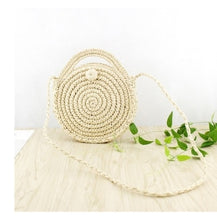 Load image into Gallery viewer, Round Straw Beach Bag Vintage Handmade Woven Shoulder Bag Raffia circle Rattan bags Bohemian Summer Vacation Casual Bags
